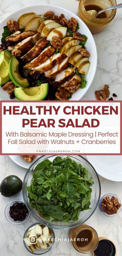 Looking for an easy healthy chicken salad? This Chicken Pear Salad is loaded with juicy chicken, fresh pear, avocado, dried cranberries, toasted walnuts, and mixed greens, then finished with a simple balsamic maple dressing. It's an easy high-protein salad for lunch or dinner and a delicious way to use leftover chicken. Perfect for fall, but delicious any time you can find good pears!