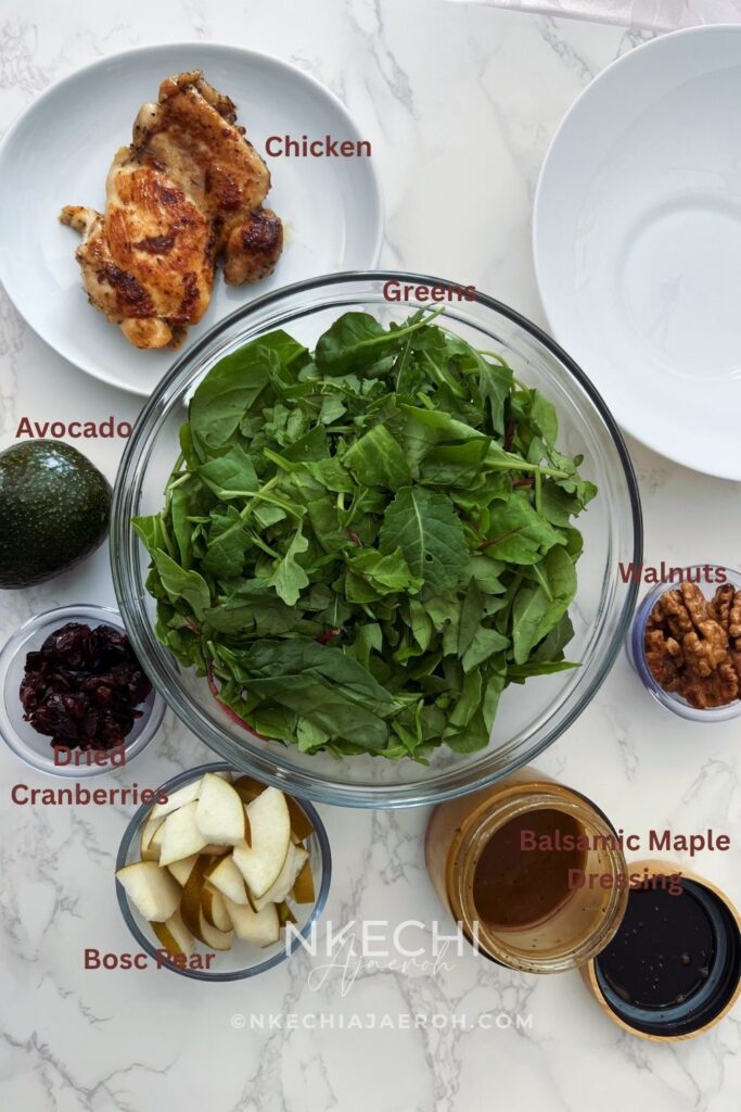The ingredients for this Chicken Pear Salad are simple, fresh, and full of flavor! You'll need mixed greens, cooked chicken, a fresh pear, creamy avocado, dried cranberries, and crunchy toasted walnuts. Then, everything comes together with an easy homemade balsamic maple dressing made with olive oil, balsamic vinegar, Dijon mustard, and maple syrup. Simple ingredients, plenty of texture, and SO good!