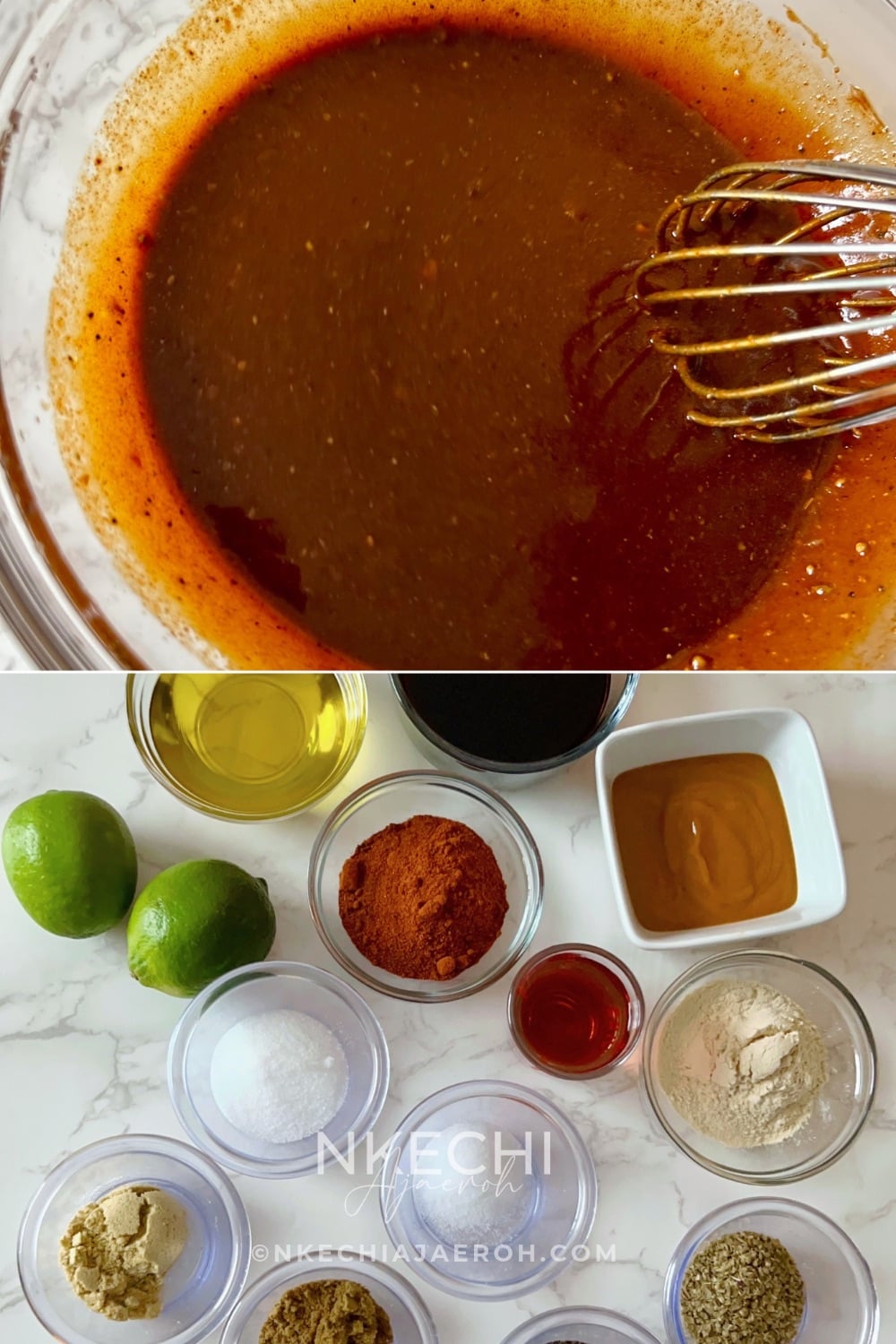 Combine the garlic, soy sauce, ají amarillo paste, red wine vinegar, sweetener, oregano, cumin, both paprikas, 1 teaspoon bouillon, salt, pepper, lime juice, and olive oil.