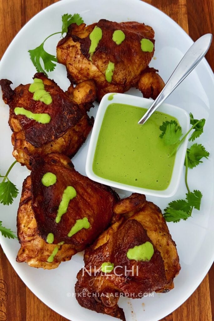 These Air Fryer Peruvian Chicken Thighs are juicy, beautifully seasoned, and packed with flavor! Marinated with ají amarillo paste, lime, garlic, soy sauce, and warm spices, then air-fried until deliciously golden. Serve with creamy homemade aji verde sauce for an easy, flavorful chicken dinner that's perfect for family meals or entertaining.