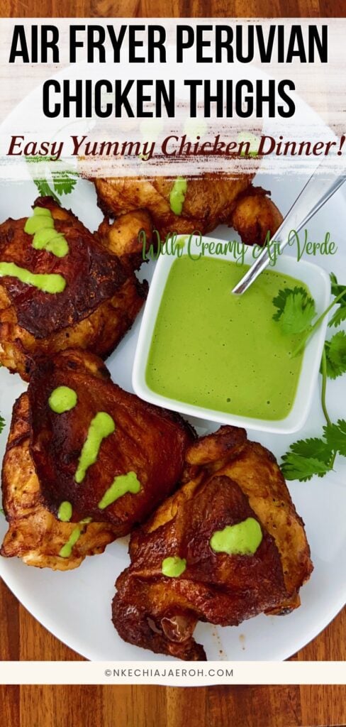 Looking for a flavorful air fryer chicken dinner? These juicy Air Fryer Peruvian Chicken Thighs are marinated with ají amarillo paste, fresh lime, garlic, soy sauce, and warm spices, then cooked until beautifully golden. Serve with creamy homemade aji verde sauce for a delicious Peruvian-inspired meal! Perfect for family dinners, meal prep, or entertaining. Save this easy air fryer chicken recipe for later!