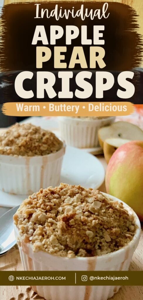This easy Apple Pear Crisp is the cozy fruit dessert you'll want all fall and winter! Juicy apples and pears, tart dried cranberries, fresh citrus, cinnamon, and nutmeg are baked under a buttery oat crumble until golden and bubbly. Make individual apple pear crisps in ramekins for family dinner, Thanksgiving, Christmas, or an easy cold-weather dessert.