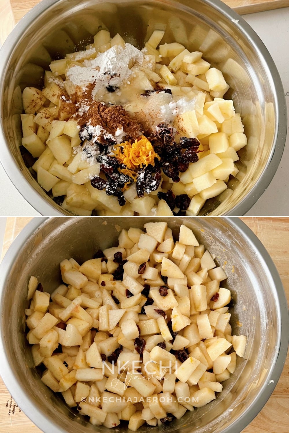 Add the dried cranberries, orange zest, orange juice, lemon juice, sweetener, flour, cinnamon, and nutmeg to the apples and pears.
Gently toss everything together until the fruit is evenly coated.
If you're baking immediately, continue with the recipe. If you're preparing the crisp ahead, cover the fruit mixture well and refrigerate until you're ready to bake.