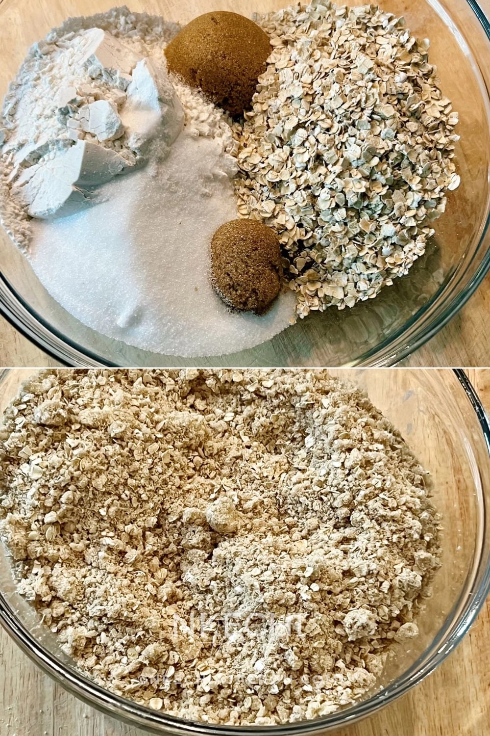In another bowl, combine the flour, sweeteners, brown sugar, kosher salt, oats, and diced cold butter. Using clean hands or a fork, mix until large crumbles form. You can also use a hand or an electric mixer if you prefer.