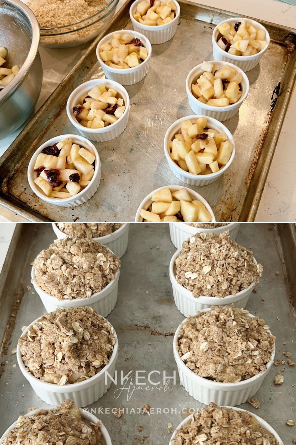 Divide the apple pear cranberry filling among 12–13 individual 4-ounce ramekins, filling each with the fruit mixture. Generously add the oat crumble topping, gently pressing it down to help it fit and cover the fruit. This is how I make mine, and the entire recipe fits into about 12–13 ramekins.