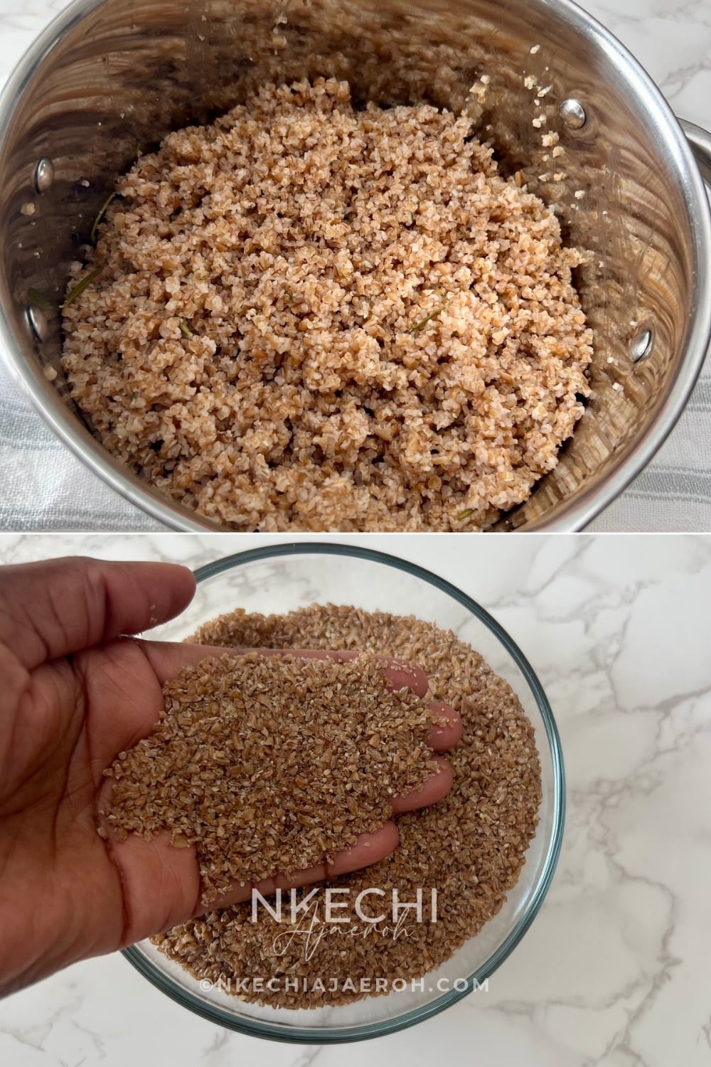 Cook the bulgur in the chicken broth with 1 teaspoon of olive oil, following the cooking method appropriate for your package.
For the variety I used, 2 cups of bulgur and 3 cups of chicken broth produced the texture I wanted. The broth gave it such a flavorful foundation! Once cooked, fluff the bulgur with a fork and transfer it to a large mixing bowl. Set aside. 
