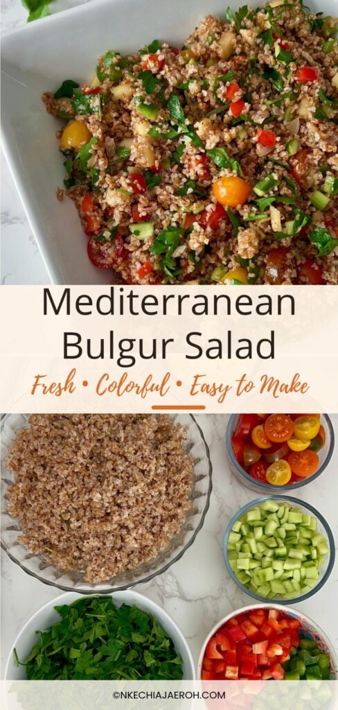 Looking for an easy, colorful Mediterranean Bulgur Salad? This delicious bulgur wheat salad combines nutty red bulgur, crisp vegetables, sweet apples, fresh parsley, and a zesty lemon date dressing with a touch of date syrup. Naturally dairy-free and made without feta, it's perfect for healthy meal prep, weekday lunches, family dinners, or serving alongside chicken, salmon, or lamb. A fresh, nourishing Mediterranean grain salad that's easy to customize with your favorite vegetables. Save this recipe for later! 