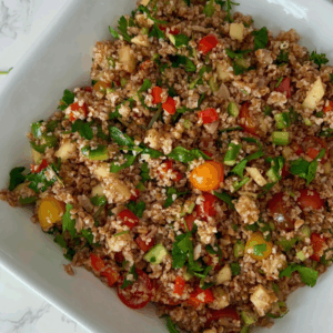 Mediterranean Bulgur Salad with Lemon Date Dressing