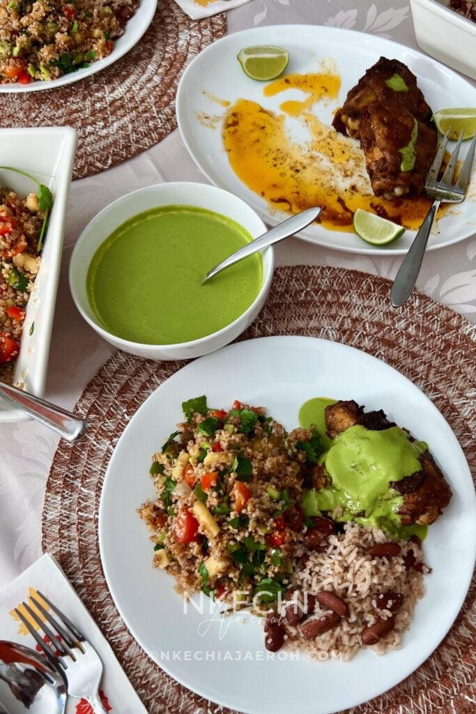 We enjoyed this salad with Peruvian chicken, green sauce, and Jamaican rice and peas. The combination was absolutely delicious!
It would also make a lovely side for chicken, air-fryer salmon, or lamb (leg of lamb, chops, or shanks). For my Friendsgiving, it’s bringing that fresh, colorful element to the buffet, and I cannot wait for the ladies to try it! 