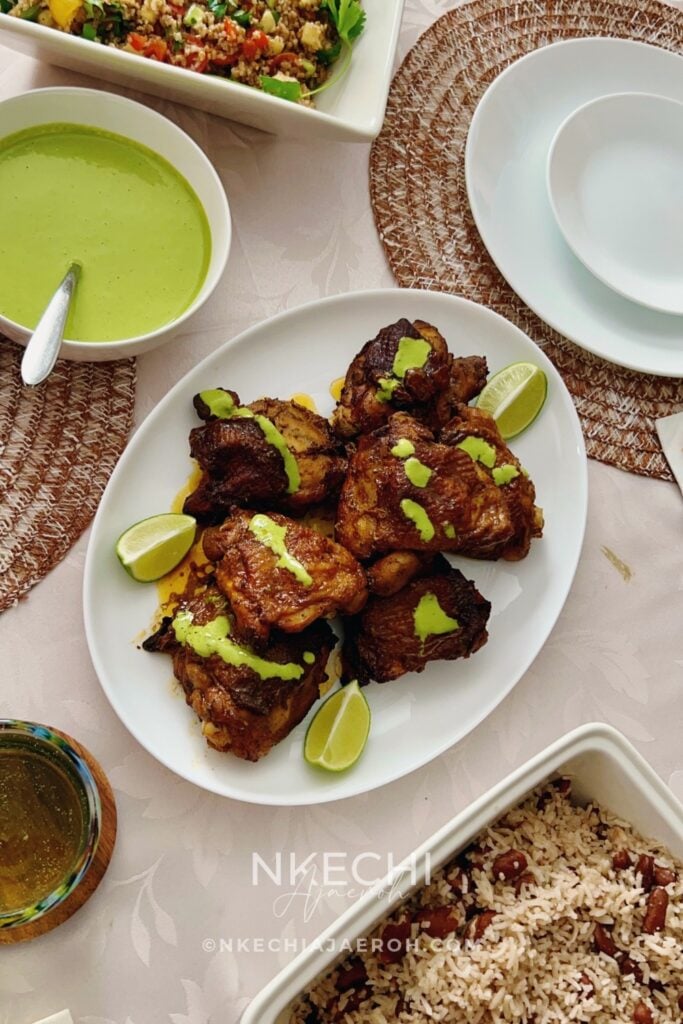 My 2026 Friendsgiving menu is a colorful celebration of flavors from around the world, bringing together Mediterranean-inspired bulgur salad, Peruvian-style chicken with creamy Aji Verde, Jamaican coconut rice and peas, and a refreshing hibiscus cooler. And for dessert? Individual apple pear crisps with a golden, buttery oat topping—the perfect sweet ending to a delicious gathering with friends!